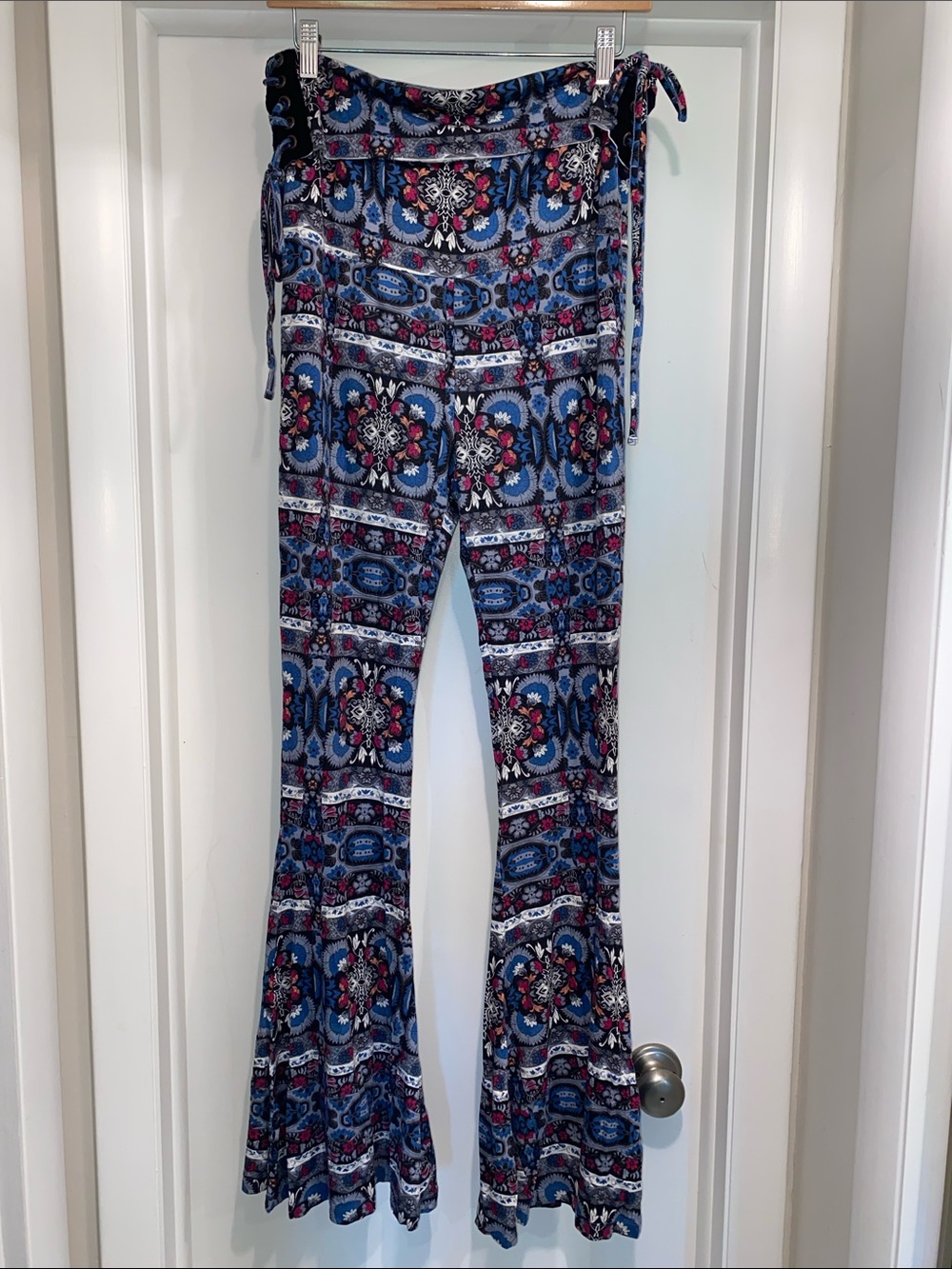 Bohemian Blue Floral Lace-Up Flare Pants
